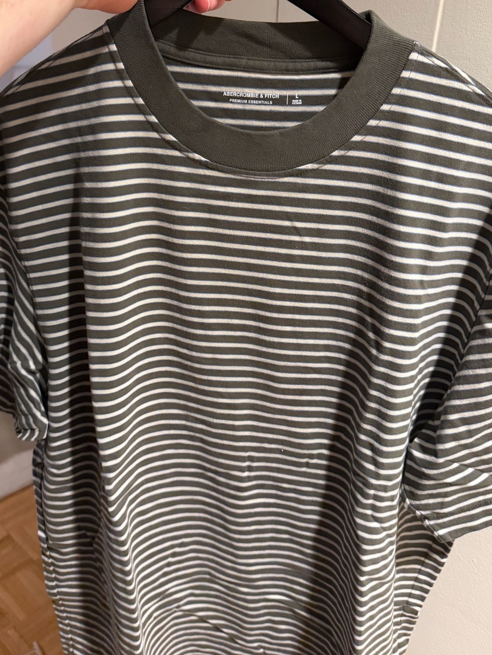 Abercrombie & Fitch Olive Green and White Striped Crew Tee